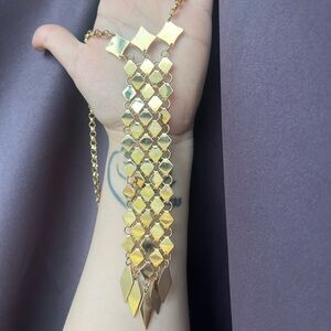 1970 Vintage Inspired 18” Gold-Tone Tassel Statement Necklace-Geometric Design